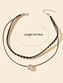 1入組精美鉚釘裝飾方晶鋯石吊墜多層次項鍊適合女士日常裝飾 - 黑色 - 查看 3