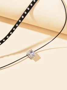 1入組精美鉚釘裝飾方晶鋯石吊墜多層次項鍊適合女士日常裝飾 - 黑色 - 查看 4