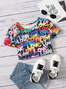 SHEIN Cô gái Tween Đồ họa Chữ cái Áo thun - Nhiều màu - Xem 1