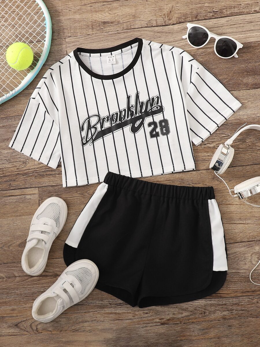 SHEIN Girls Striped & Letter Graphic Tee And Shorts Set - Black and White - View 1