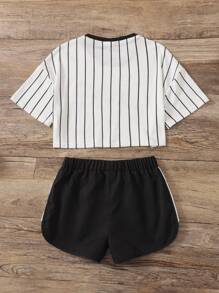 SHEIN Girls Striped & Letter Graphic Tee And Shorts Set - Black and White - View 2