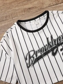 SHEIN Girls Striped & Letter Graphic Tee And Shorts Set - Black and White - View 3