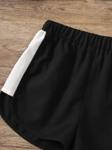 SHEIN Girls Striped & Letter Graphic Tee And Shorts Set - Black and White - View 4