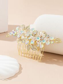 水鑽和珠子裝飾婚禮髮夾 - 金色 - 查看 2