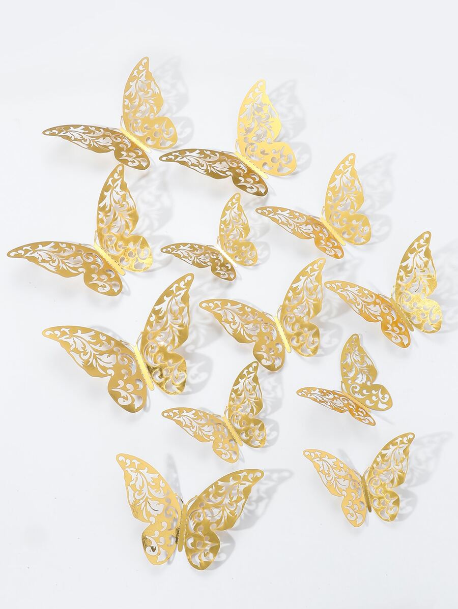 12pcs 3D Creative Design Paper Butterfly Sticker, Geometric Patterned Hollow Out Butterfly Wall Sticker For Holiday, Party, Cake Decoration, Romantic Special Design Home Decor, Bedroom Decor, Bathroom Decor, Room Decoration Stuff For Holiday, Festival, Beautify Enhance Happiness Wall Art Sticker For Wedding And Party, Office Decor, School Decor, Gift Decoration For Anniversary, Valentine, Cake Decoration, Various Colors And Patterns Are Available, Be Used In Various Scenarios