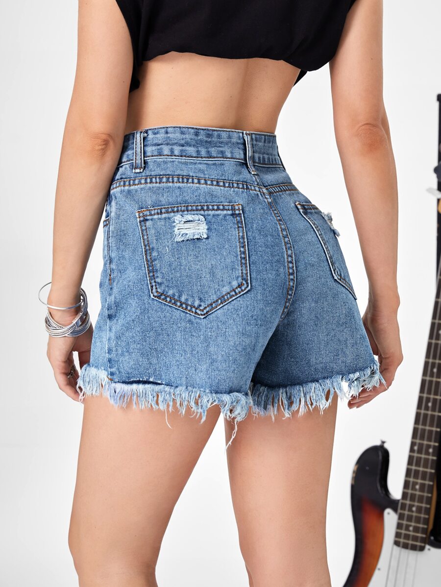 High Waist Raw Hem Denim Shorts - Medium Wash - View 1