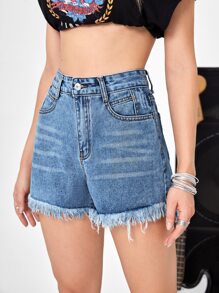 High Waist Raw Hem Denim Shorts - Medium Wash - View 2