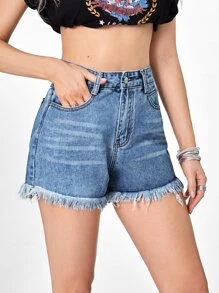 High Waist Raw Hem Denim Shorts - Medium Wash - View 4