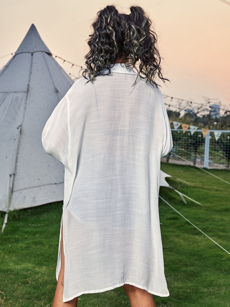 SHEIN Swim Plain Sheer Split Kimono,Summer Beach - White - View 2