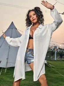 SHEIN Swim Kimono simple transparente con abertura - Blanco - Ver 4