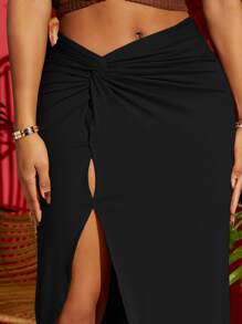 SHEIN SXY Twist Detail Split Thigh Skirt - Black - View 4