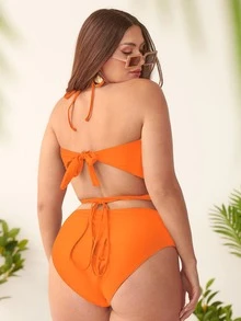 Plus Size Plain Lace Up Halter Bikini Set Bãi biển mùa hè - trái cam - Xem 2