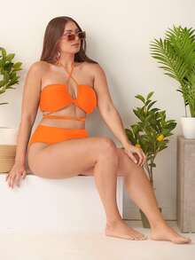 Plus Size Plain Lace Up Halter Bikini Set Bãi biển mùa hè - trái cam - Xem 4