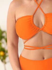 Plus Size Plain Lace Up Halter Bikini Set Bãi biển mùa hè - trái cam - Xem 5