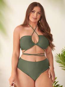 Plus Size Plain Lace Up Halter Bikini Set Summer Beach - Army Green - View 1