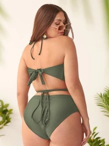 Plus Size Plain Lace Up Halter Bikini Set Summer Beach - Army Green - View 2