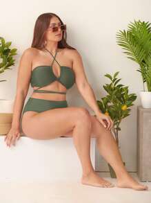 Plus Size Plain Lace Up Halter Bikini Set Summer Beach - Army Green - View 3