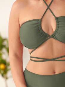 Plus Size Plain Lace Up Halter Bikini Set Summer Beach - Army Green - View 5