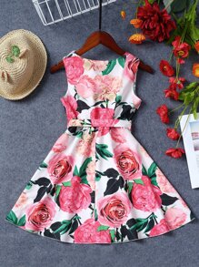 SHEIN Girls Floral Print Ruffle Trim Belted Dress - Multicolor - View 2