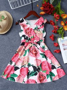 SHEIN Girls Floral Print Ruffle Trim Belted Dress - Multicolor - View 5