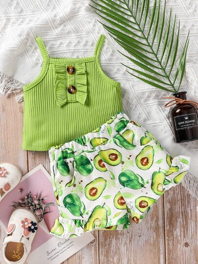 Baby Girl Ruffle Trim Cami Top & Fruit Print Shorts
