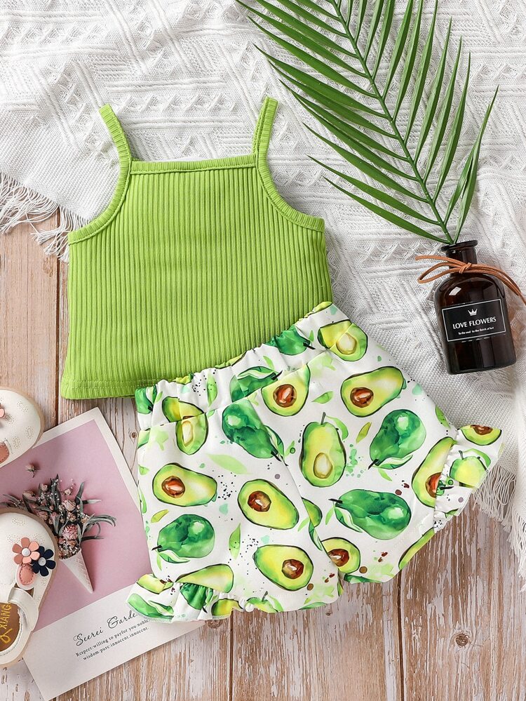 Baby Girl Ruffle Trim Cami Top & Fruit Print Shorts