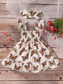 Baby Girl Butterfly Print Shirred Ruffle Hem Cami Dress With Headband