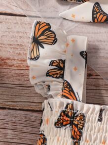 Baby Girl Butterfly Print Shirred Ruffle Hem Cami Dress With Headband