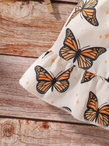 Baby Girl Butterfly Print Shirred Ruffle Hem Cami Dress With Headband