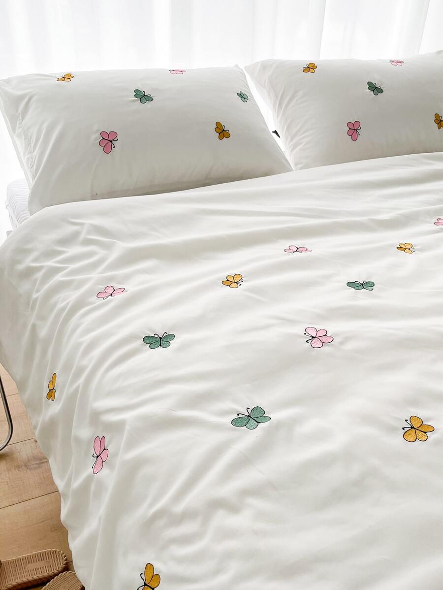 Butterfly Embroidered Duvet Cover Set Without Filler - White - View 1