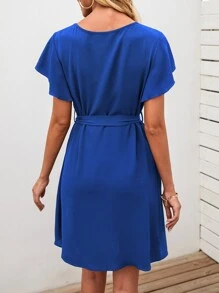 SHEIN Privé 素色蝴蝶袖腰帶直筒連衣裙 - 寶藍色 - 查看 2