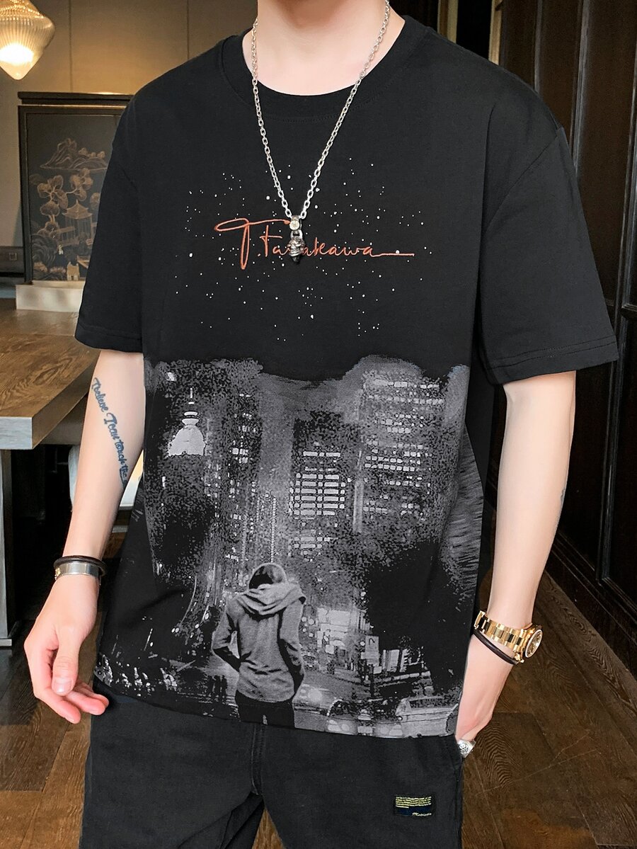 Men Figure & Letter Graphic Drop Shoulder Tee - Black - View 1