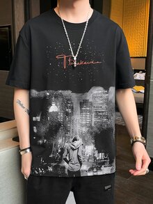 Men Figure & Letter Graphic Drop Shoulder Tee - Black - View 3