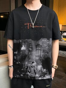 Men Figure & Letter Graphic Drop Shoulder Tee - Black - View 4