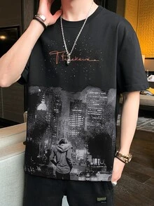 Men Figure & Letter Graphic Drop Shoulder Tee - Black - View 5
