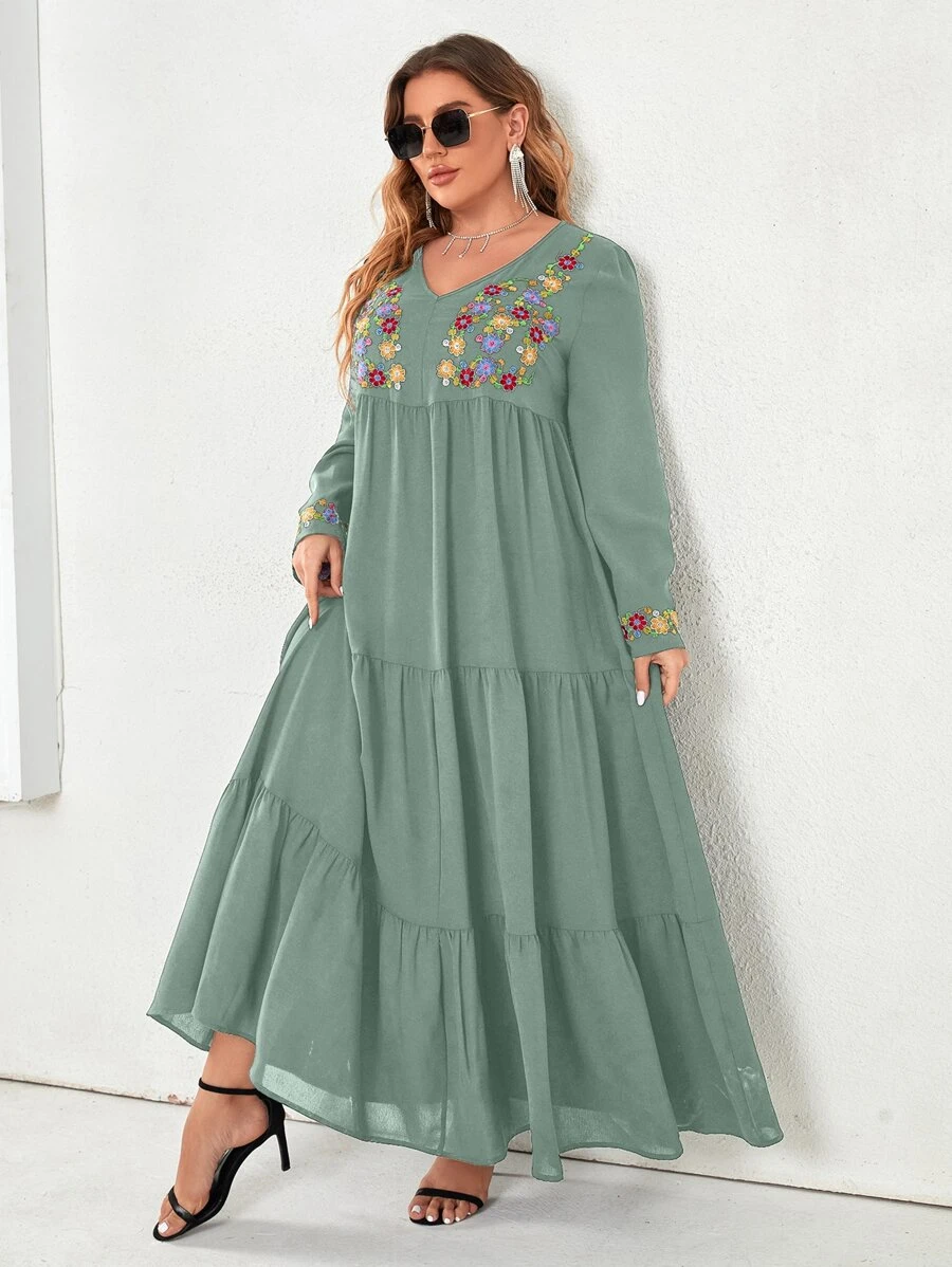 Mulvari Plus Size Floral Embroidery Ruffle Hem Dress - Mint Green - View 1