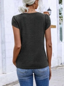 SHEIN LUNE Petal Sleeve V Neck Tee - Dark Grey - View 2