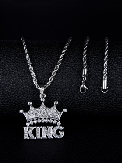 適合女士男士流行龐克嘻哈風格搖滾派對全水鑽華麗皇冠和字母吊墜項鍊