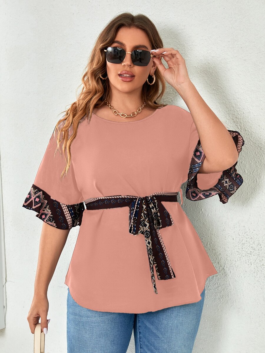 Mulvari Plus Geo Print Flounce Sleeve Belted Blouse - Pink - View 1