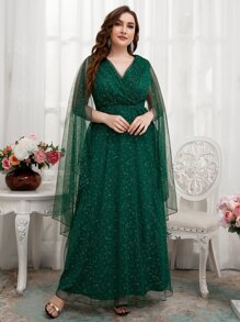 SHEIN Belle Talla grande Vestido de dama de honor de manga capa de malla de fiesta - Verde militar - Ver 5