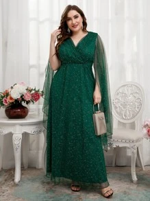SHEIN Belle Talla grande Vestido de dama de honor de manga capa de malla de fiesta - Verde militar - Ver 6