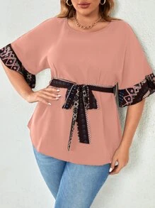 Mulvari Plus Geo Print Flounce Sleeve Belted Blouse - Pink - View 3