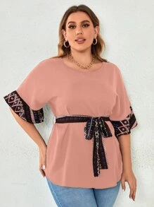 Mulvari Plus Geo Print Flounce Sleeve Belted Blouse - Pink - View 6