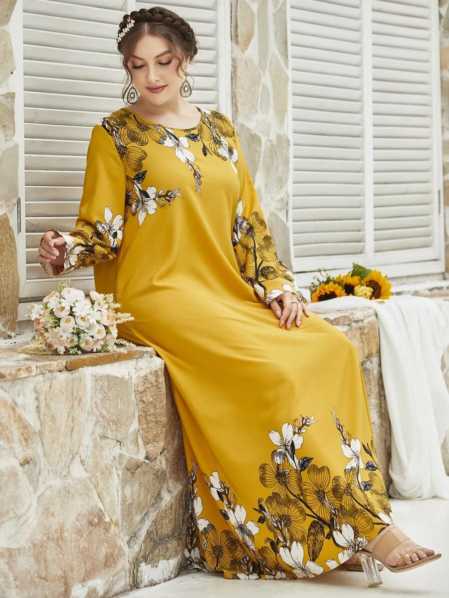 Lacomfia Plus Floral Print Tunic Modest Long Sleeve Dress - Yellow - View 1
