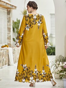 Lacomfia Plus Floral Print Tunic Modest Long Sleeve Dress - Yellow - View 2