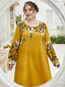 Lacomfia Plus Floral Print Tunic Modest Long Sleeve Dress - Yellow - View 5