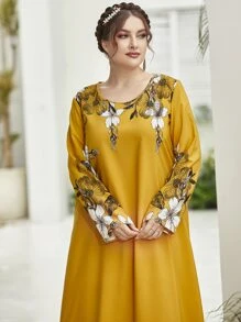 Lacomfia Plus Floral Print Tunic Modest Long Sleeve Dress - Yellow - View 6