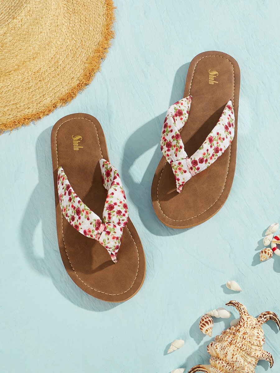 SheIn VCAY Ditsy Floral Graphic Flip Flops - Multicolor - View 1