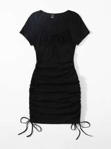 SHEIN EZwear Vestido ajustado con cordón lateral con fruncido - Negro - Ver 3