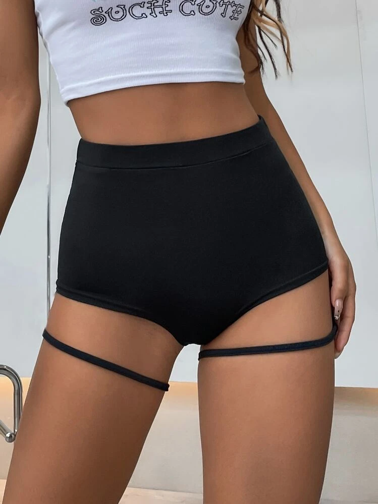 SHEIN ICON Shorts  unicolore avec jarretière taille haute, shorts pour les fesses - Noir - Voir 3